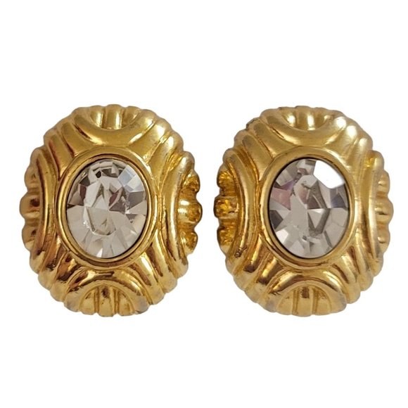 Monet Gold Tone Oval Clear Glass Rhinestone Center Clip-On Earrings, Signed K987 - Picture 2 of 9
